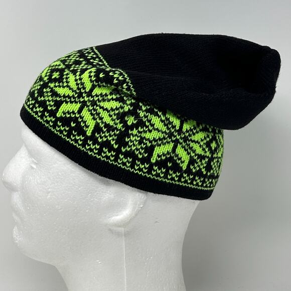Snowflake Beanie Winter Hat Toque Ski Skiing Skier Nordic Fair Isle Black - Picture 5 of 7